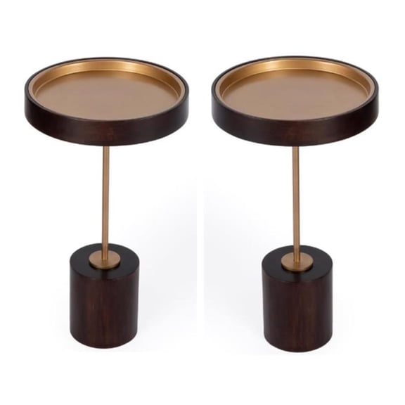 Home Square Pedestal Wood Side Table in Gold & Brown - Set of 2