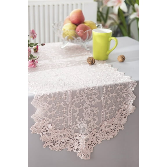 Wedding Linens Inc. 16" x 108" Vintage Chantilly Lace Embroidered Table Runner - Blush Pink