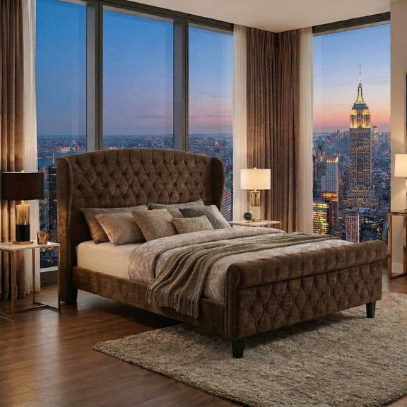 Sailvan Queen Size Sleigh Bed Frame Upholstered in Chenille with High Offset/Tufted Headboard and Footboard with Button Tufting, No Box Spring Needed