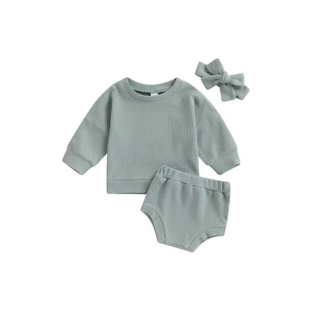 

Canrulo Baby Girl 3Pcs Clothes Solid Long Sleeve Pullover Sweatshirt Tops + Elastic Waist Shorts + Headband Set Blue Gray 6-12 Months