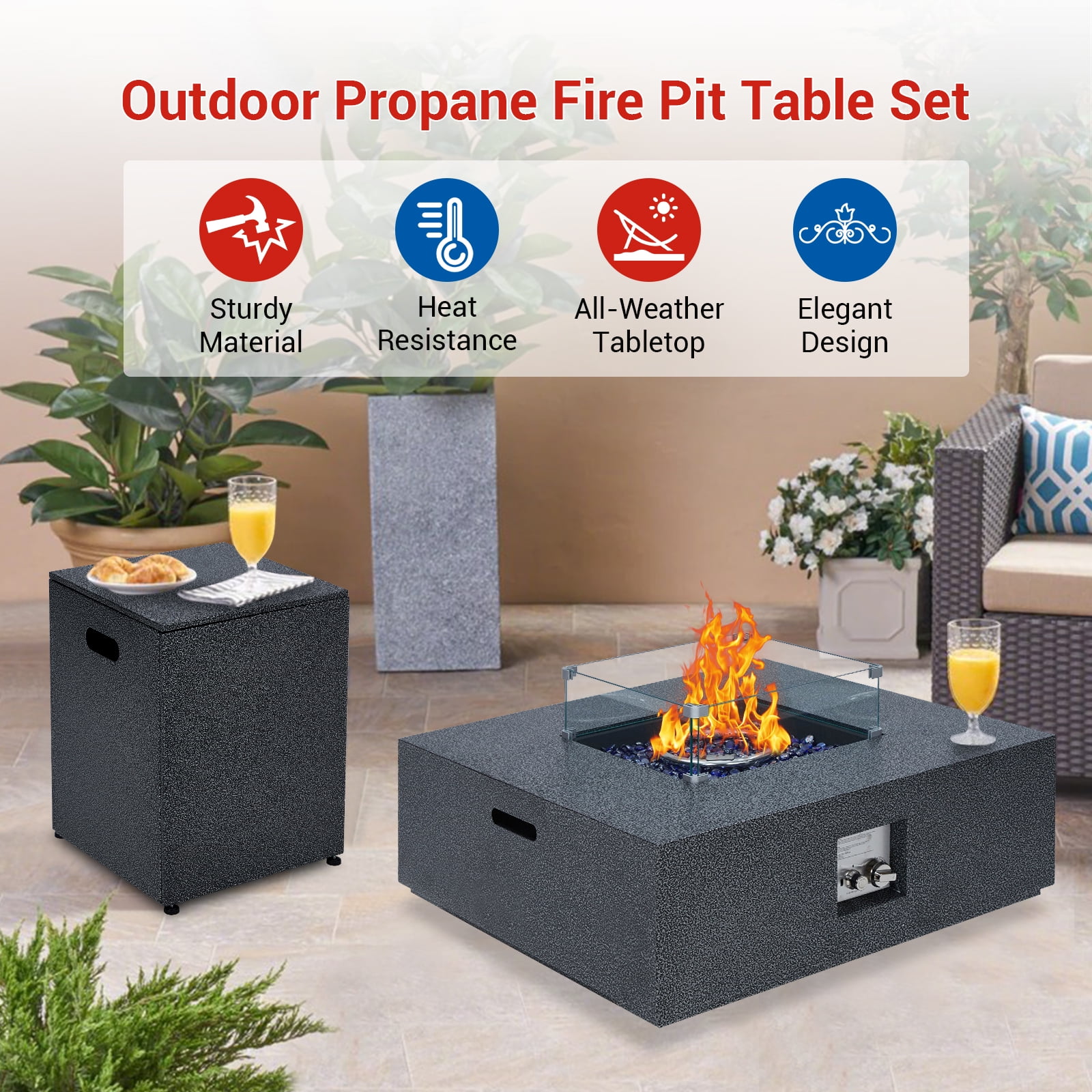Towallmark 36 Inch 50,000 BTU Propane Fire Pit Table, Outdoor Gas Fire Pit with Wind Guard & Removable Lid, Steel Frame with Rain Cover for Patio, Deck, Garden, Silver