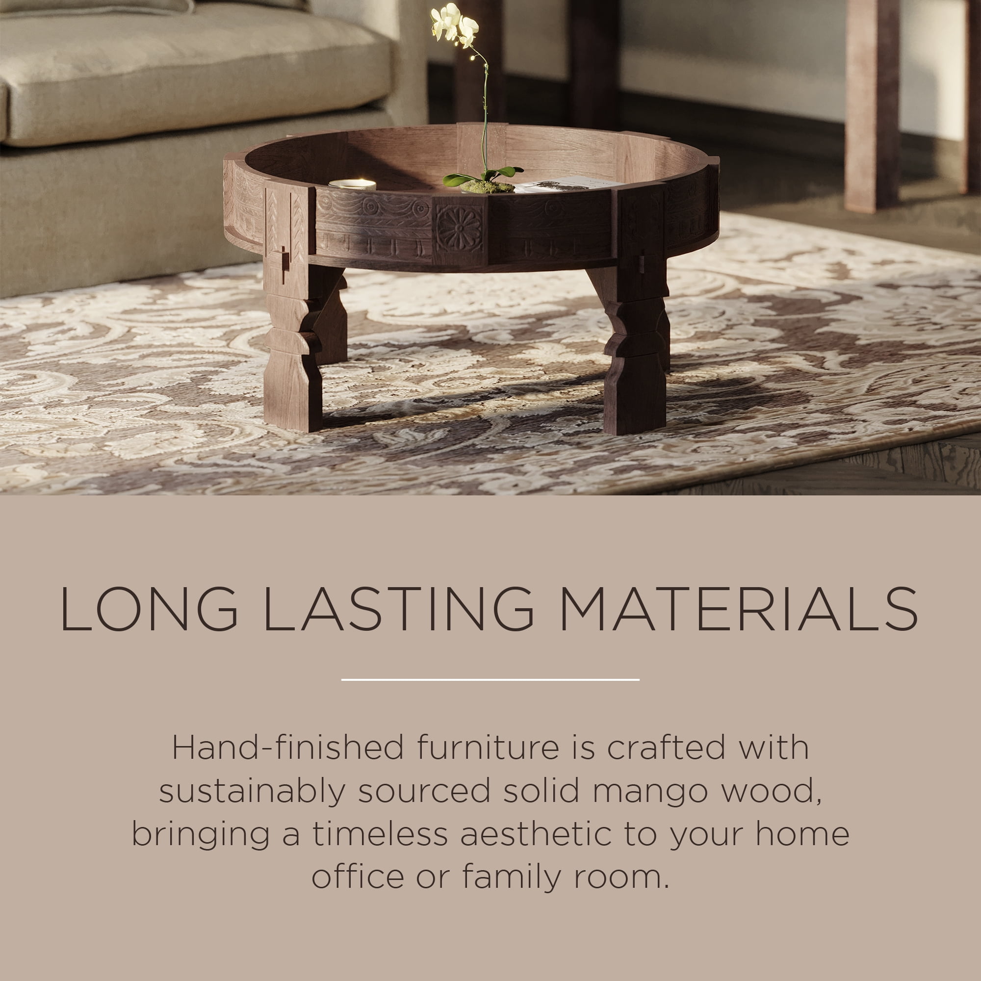 Maven Lane Jaya Handmade Heritage Wooden Round Coffee Table in Brown Finish