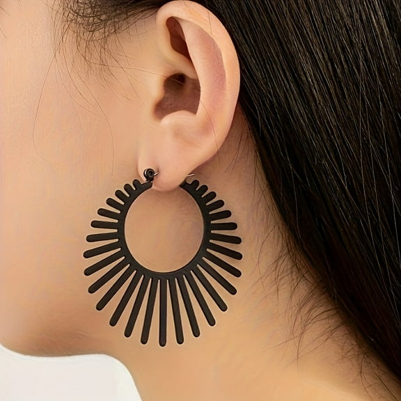 JUSIP Pair of Chic Black Geometric Fan-Shaped Hoop Earrings for Women - Retro Minimalist Style, Alloy with Stainless Steel Posts, Perfect for Casual Attire or Vacation Accessories, Everyday Earrings
