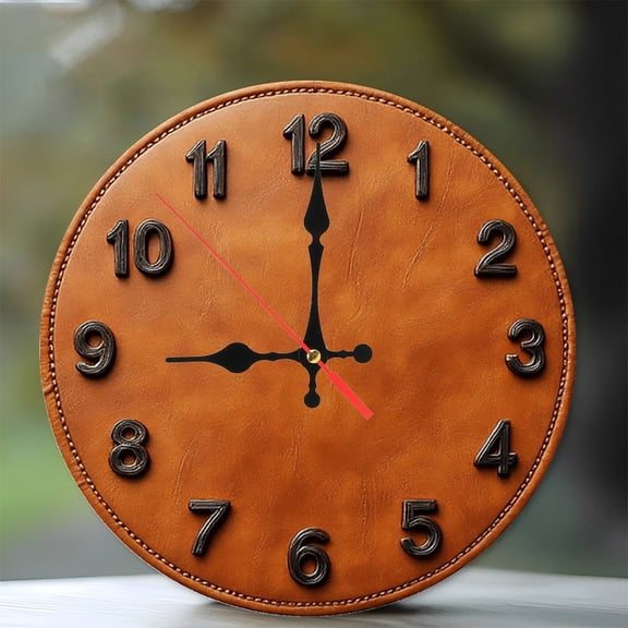 Brown Leather Wall Clock Vintage Home Decor 10-Inch Silent Wooden Wall Clock, Battery Operated (AA Batteries Not Included), Artistic Home Decor