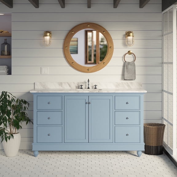 Bella 60" Single Bathroom Vanity with Powder Blue Cabinet and Carrara Marble Top