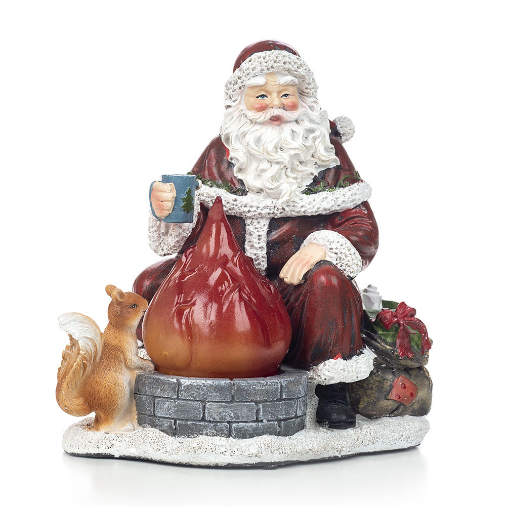 Christmas Decoration, Polyresin LED Santa by the Campfire, 7.25"x7.7"x9