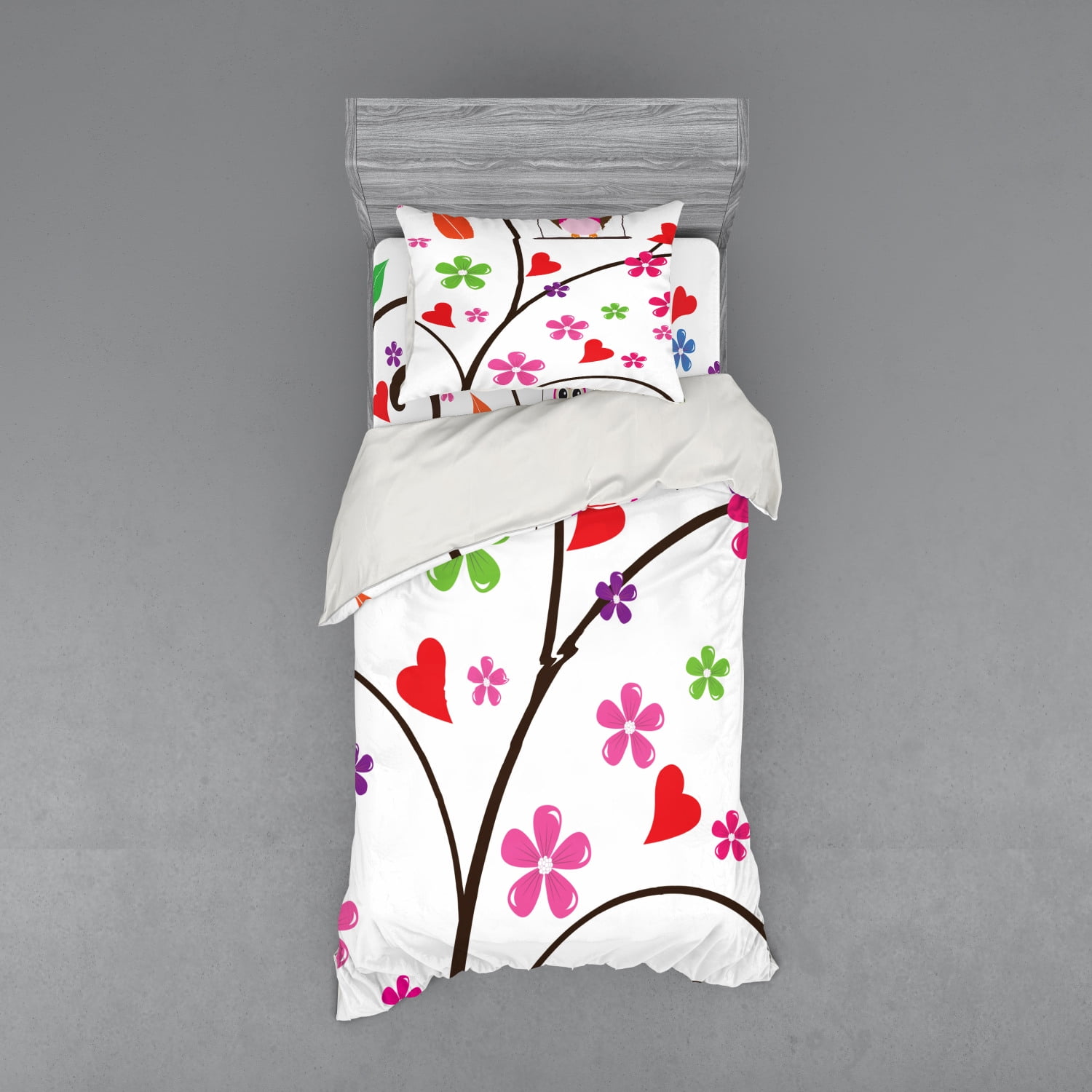 Nursery Duvet Cover Set, Spring Tree with Curly Branches Colorful Fresh