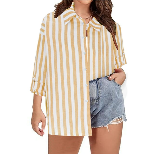 Hauts Grande Taille pour Femmes Mode Décontractée Couleur Unie Imprimé Col en V Col Rond Manches Longues Chemise Ample à Rayures Boutonnée Chemise Régulière Décontractée avec Manches Ajustables