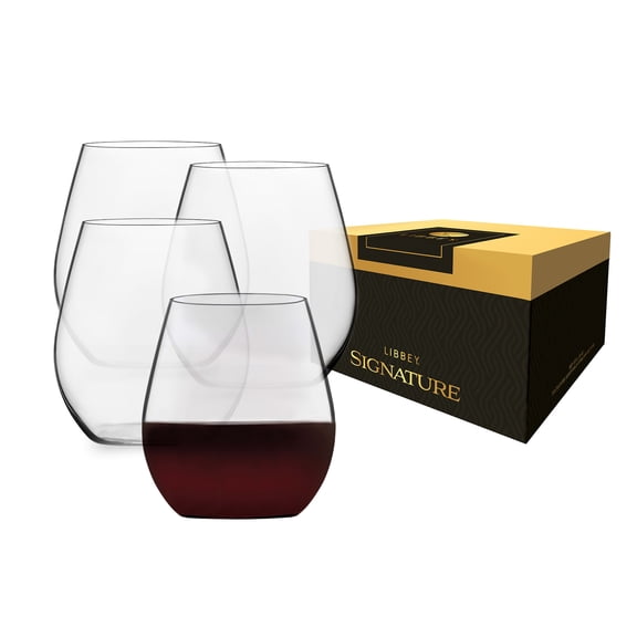 Libbey Signature Kentfield Stemless Wine Glasses, 18-Ounce, Set of 4, Made in USA, Dishwasher Safe, Modern Stemless Glassware, Gift Box