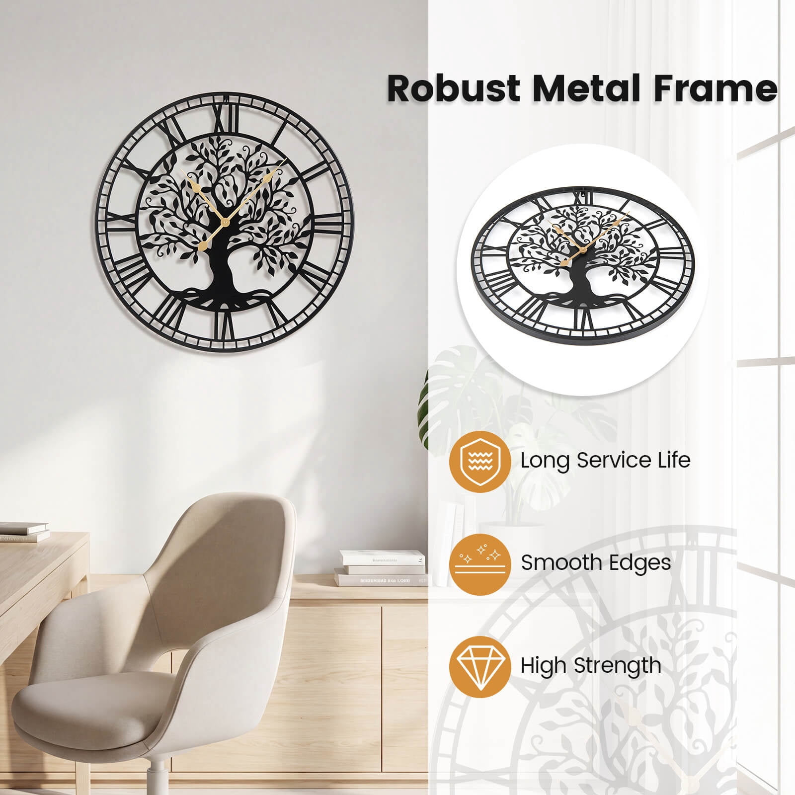 Costway Large Wall Clock, 27” Tree of Life Big Metal Clock, Non-Ticking Decorative Clock