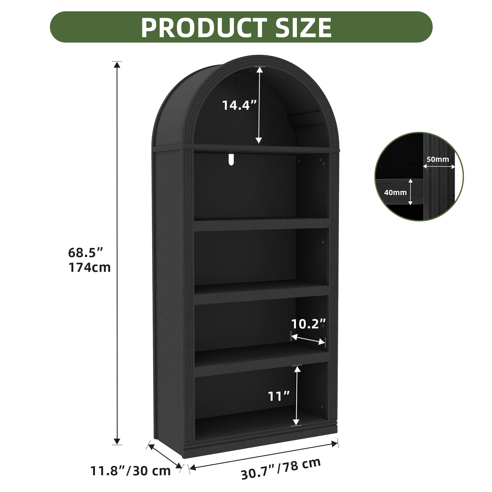 Uforic 5 Tiers Arched Modern Bookcase for Living Room, Black
