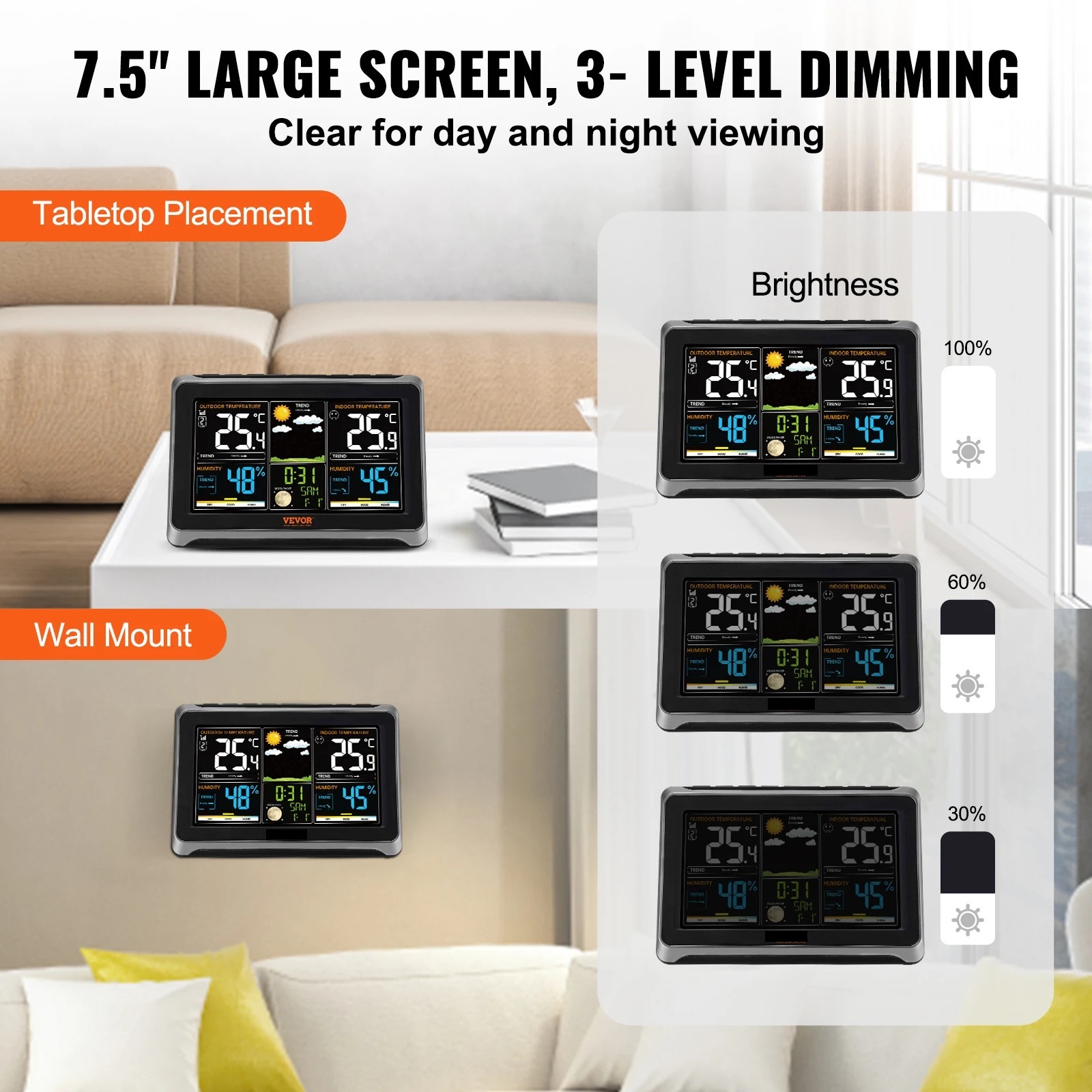 Wireless Weather Station 7.5inch HD Color Screen & Automatic Time Calibration Weather Forcast for Home Life or Travel Plan ,Excellent Visual Experience