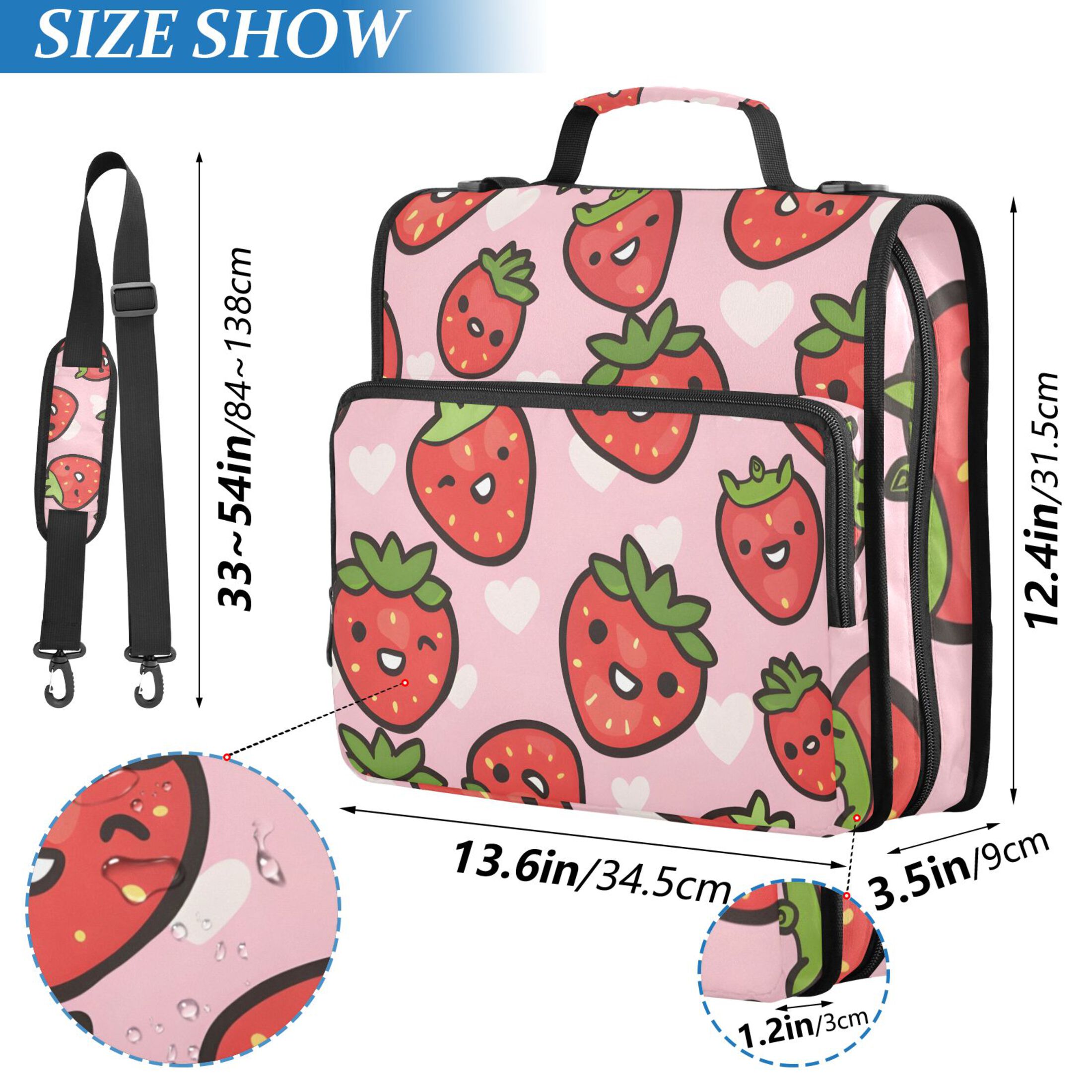 3 Ring Zipper Binder with Shoulder Strap Waterproof Trapper Keeper 2 Inch D-Ring 500 Sheets Capacity Cute Cartoon Strawberry