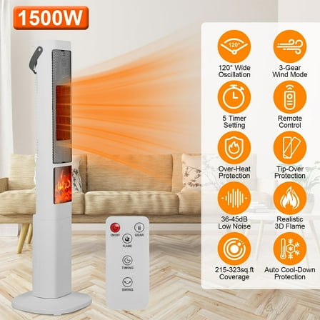 Moclever 1500W Portable Ceramic Electric Heater, Oscillating Tower Space Heater with 3D Flame, Remote Control 3 Wind Modes 5 Timer Overheat Tip-Over Protection for Bedroom Office