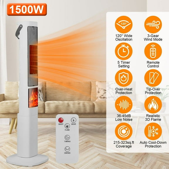 Moclever 1500W Portable Ceramic Electric Heater, Oscillating Tower Space Heater with 3D Flame, Remote Control 3 Wind Modes 5 Timer Overheat Tip-Over Protection for Bedroom Office