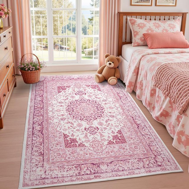 Macgace 4x6 Washable Rugs for Living Room, Faux Wool Vintage Rug for Bedroom Dining Room, Low Pile Soft Boho Floor Covering Carpet Retro Distressed Medallion Mat Traditional Interiors, Pink