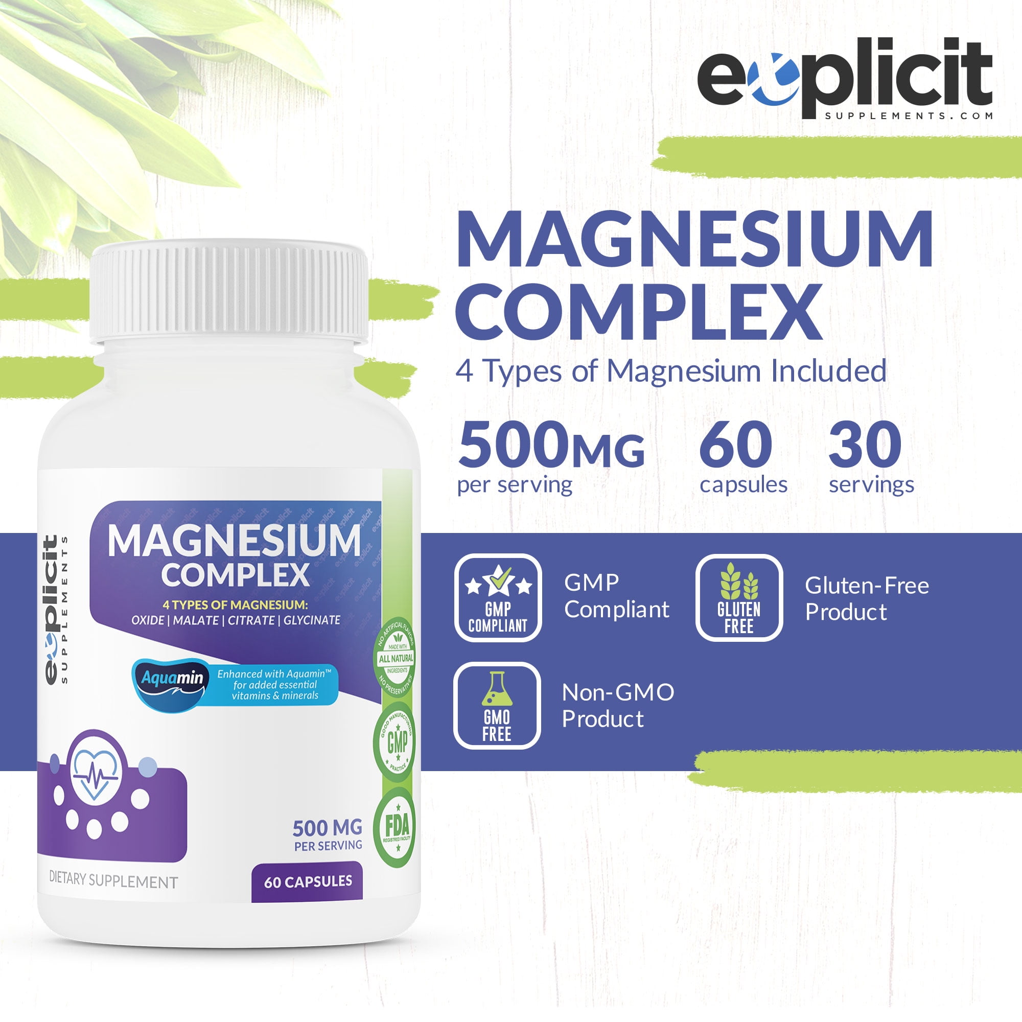 Quad Magnesium Complex Supplement - 500mg of Magnesium Glycinate, Malate, Oxide & Citrate for Support of Muscles, Sleep, Energy & Relaxation - High Absorption with Aquamin - 60 Capsules