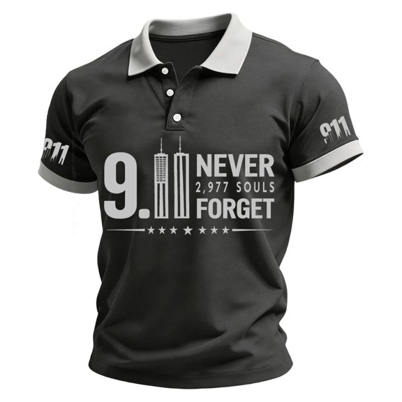 Hsovts Men's Patriotic Polo Shirt 25th Anniversary 9/11 Memorial Never Forget Twin Towers Flag Print Short Sleeve Daily Wear Tshirt Dark Gray XL