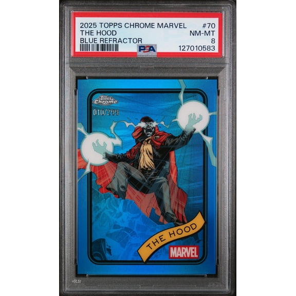 2025 Topps Chrome Marvel Blue Refractor the Hood #70 /299 PSA 8