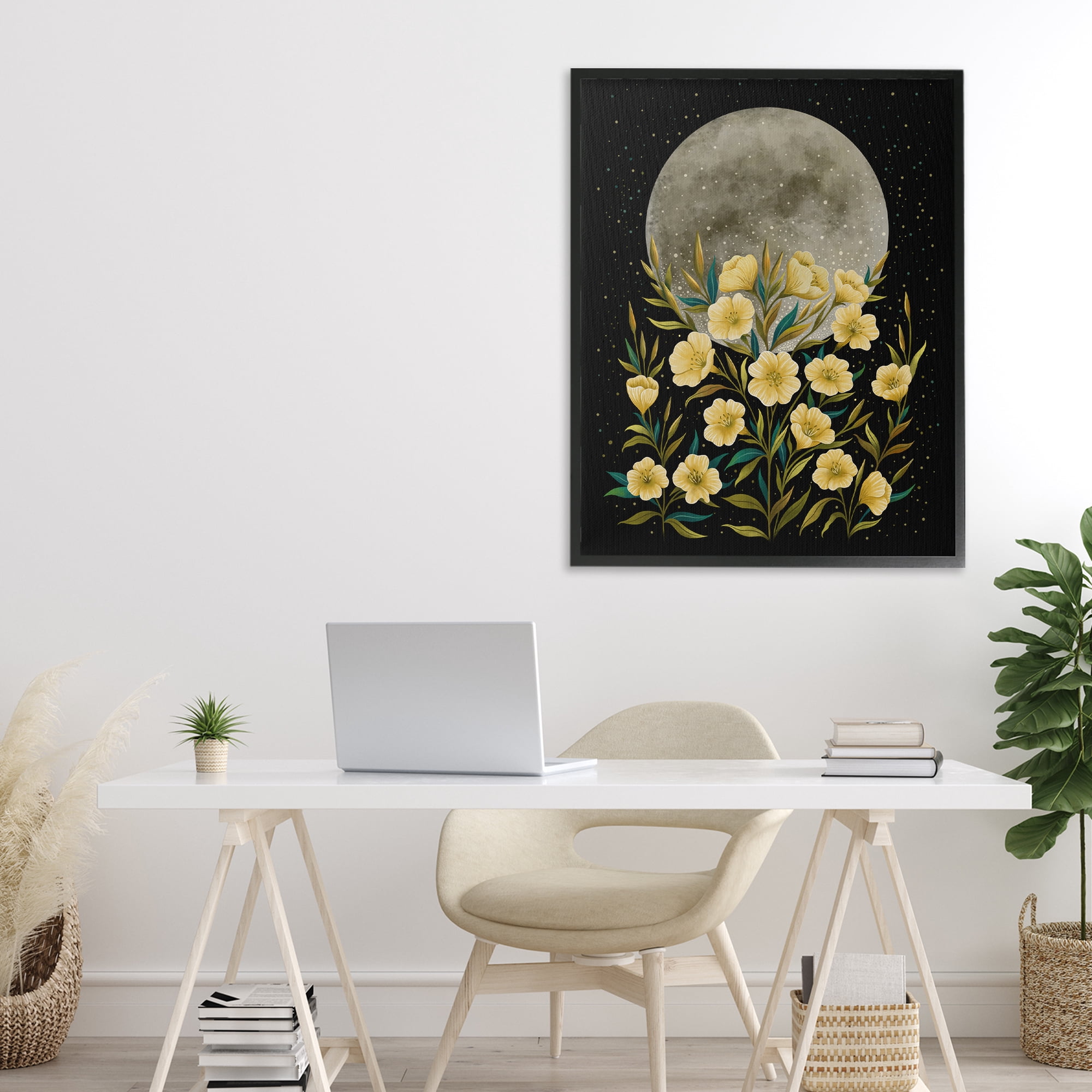 Stupell Industries Moon Greeting Yellow Flowers Black Framed Giclee Art, design by Episodic Drawings