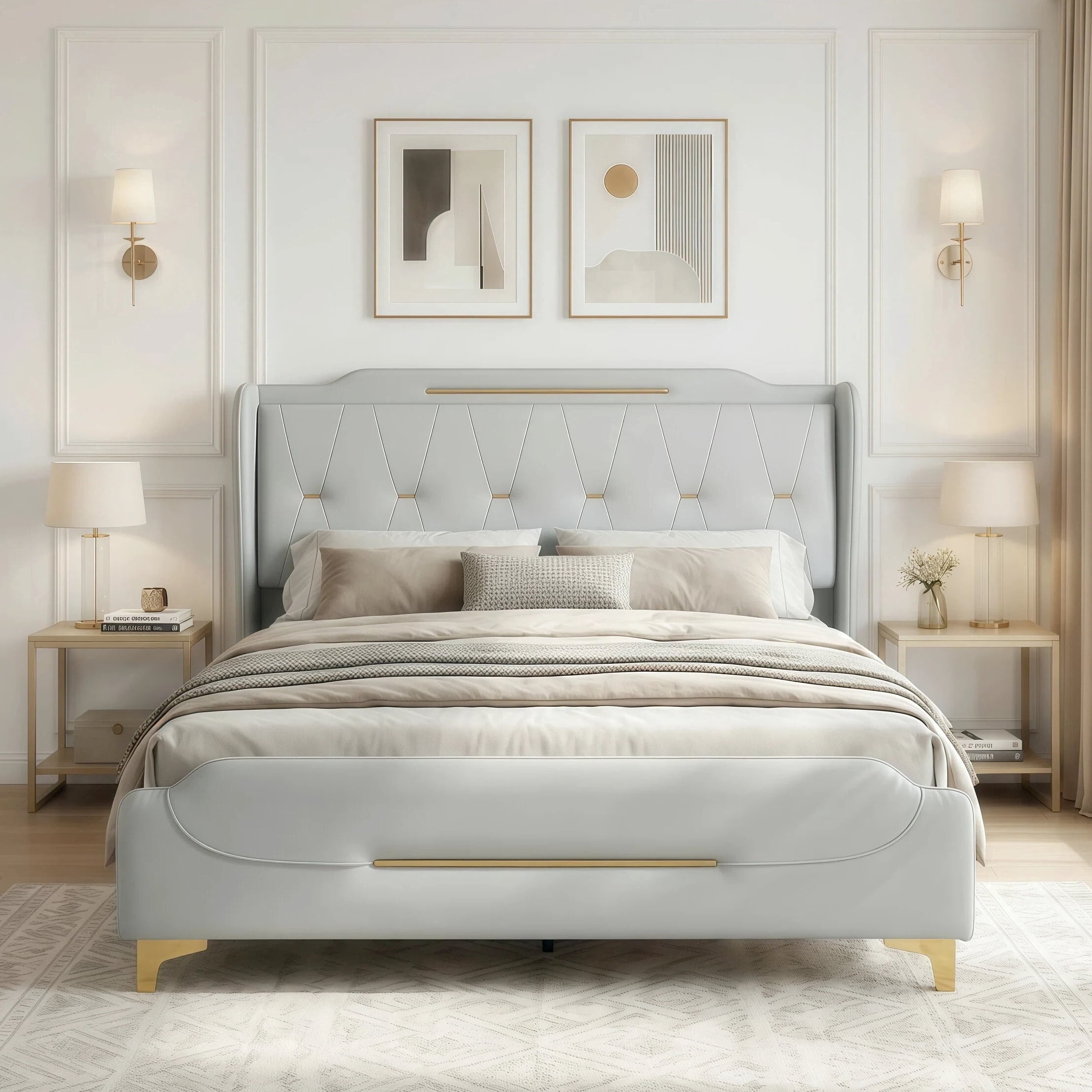 FFZ Modern PU Leather Upholstered Queen Platform Bed Frame with Wingback Headboard, Grey