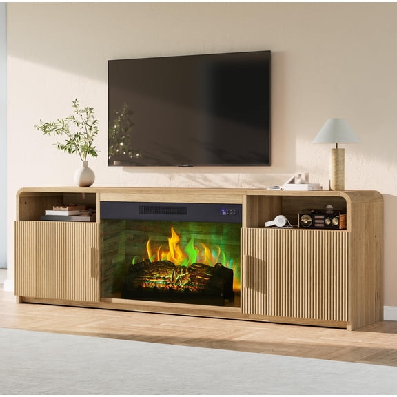VanAcc 70" Fluted Fireplace TV Stand for TVs Up to 80", Modern TV Console with 30" Electric Fireplace & Storage Cabinets, for Living Room, Natural Oak