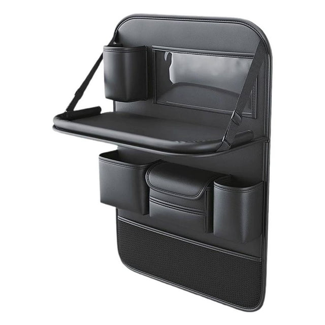 Leather Car Seat Back Storage Bag with Foldable Table, Waterproof and Multifunctional for Most Car Models
