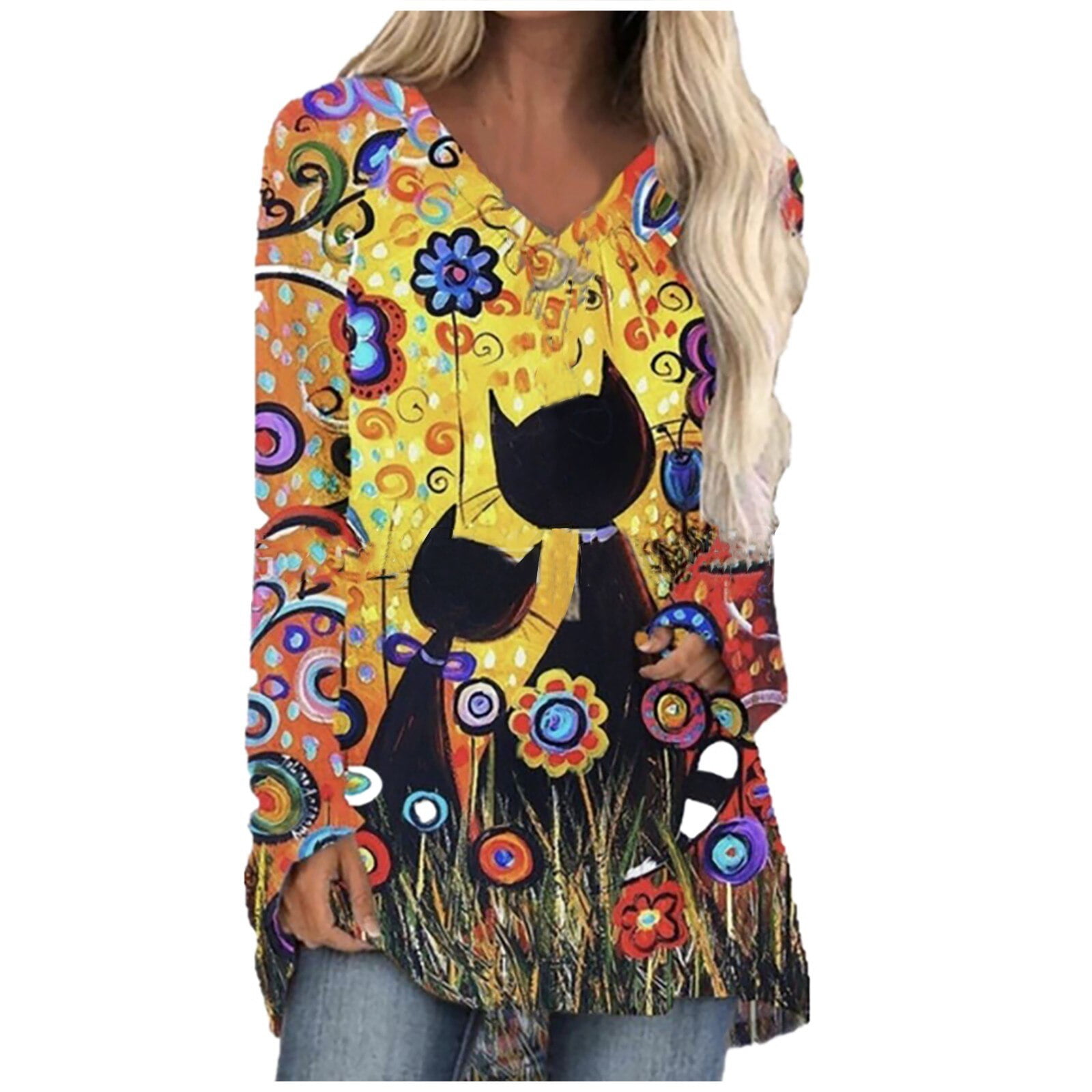 Women's Plus Size Cat Blouse Tops Casual Print V Neck Clothes Loose