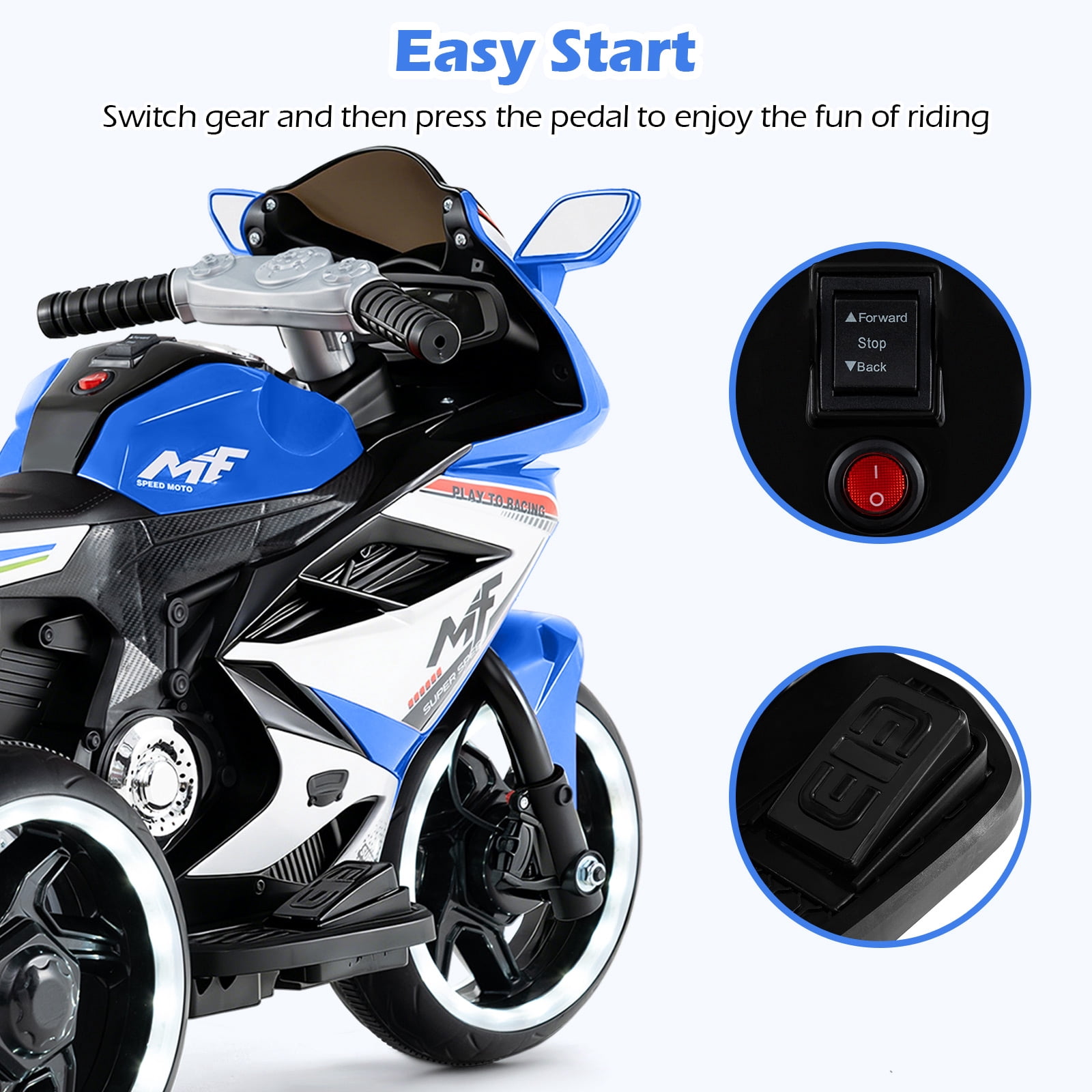 OLAKIDS 6V Kids Motorcycle with Forward & Reverse Switch, Headlight, Wheel Lights, Horn, Music, USB Port, 3-Wheel Ride on Toy for Toddler Aged 3+