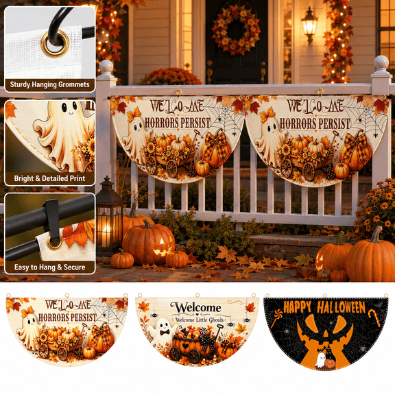 2 Pack Pumpkin Halloween Bunting Flags, 35.4 x 15.7 Inch Half Circle Fan Banners with 6 Metal Clips for Porch Fence Entryway Garden Yard Outdoor Decor