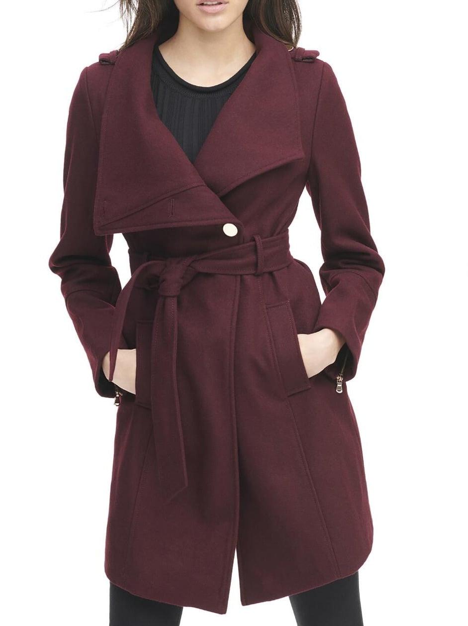 GUESS Womens Walker Coat Wine Large WideCollar Belted L Walmart
