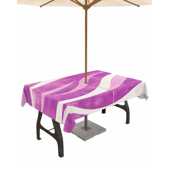 Outdoor Tablecloth with Umbrella Hole for Patio/Picnic/Party/Camping, Purple Pink Waves Waterproof Table Cloth Rectangle Table Cover Washable, Ombre Sea Ripples Shabby Beach 54"x 80"