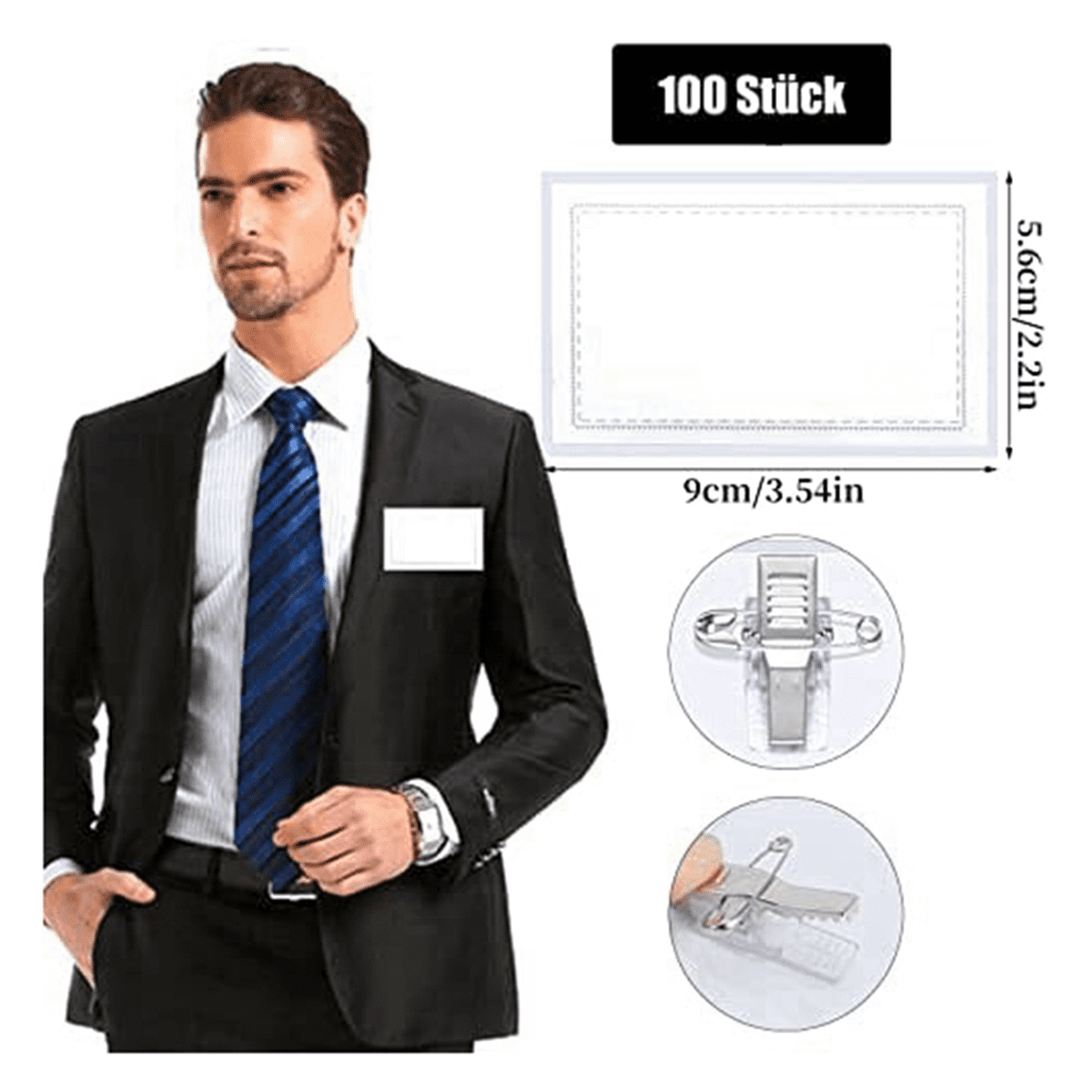 200Pcs Pin Style Clip Horizontal Name Badge Holders with Inserts Fit Card 90x55mm