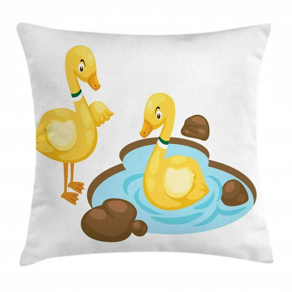Duck Throw Pillow Cushion Cover, Funny Cartoon Illustration of Two Ducks in a Pond Nursery Composition, Decorative Square Accent Pillow Case, 24" X 24", Mustard Umber and Pale Blue, by Ambesonne