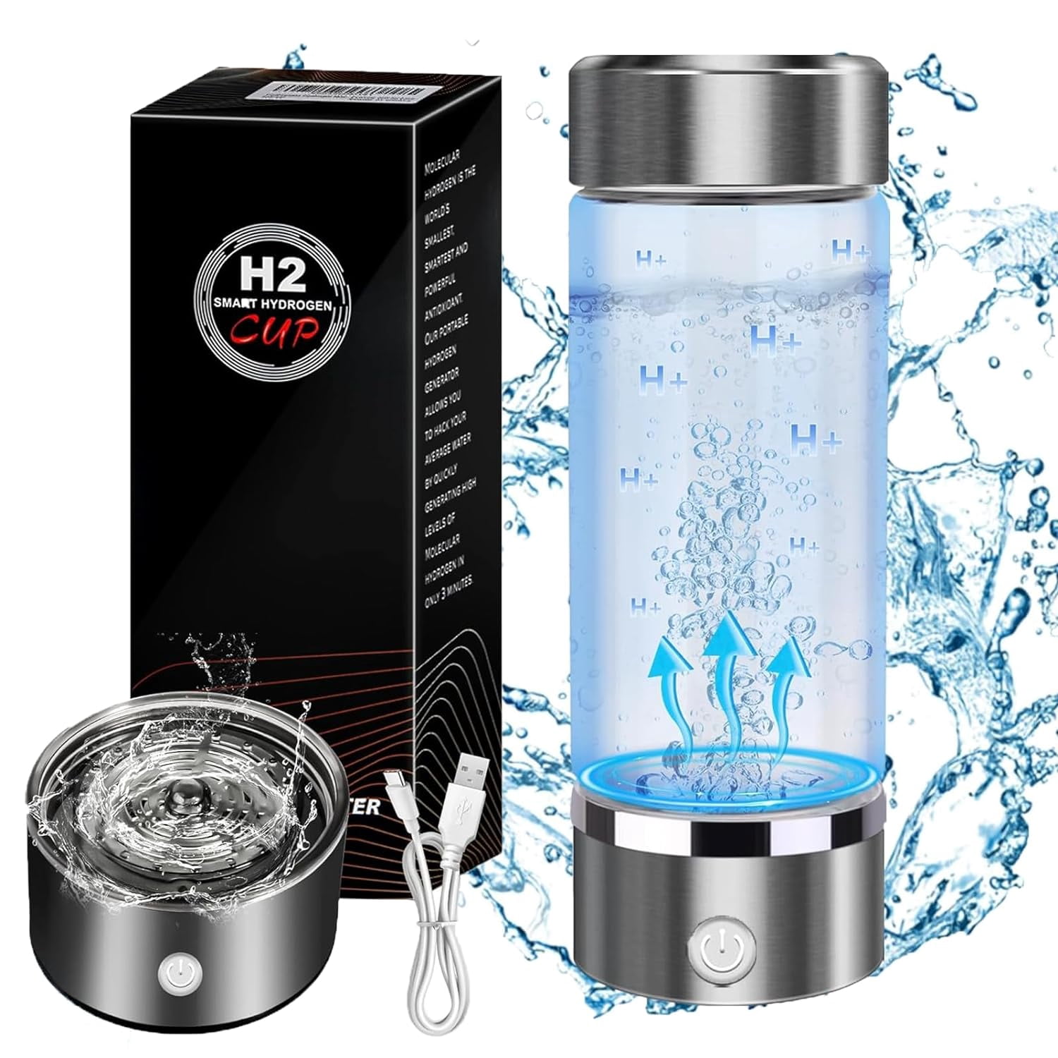 Hydrogen Water Bottle, 2024 Portable Hydrogen Water Machine, Hydrogen Water Bottle Generator, Hydrogen Water Ionizer Glass Cup for Home Travel (Silver)