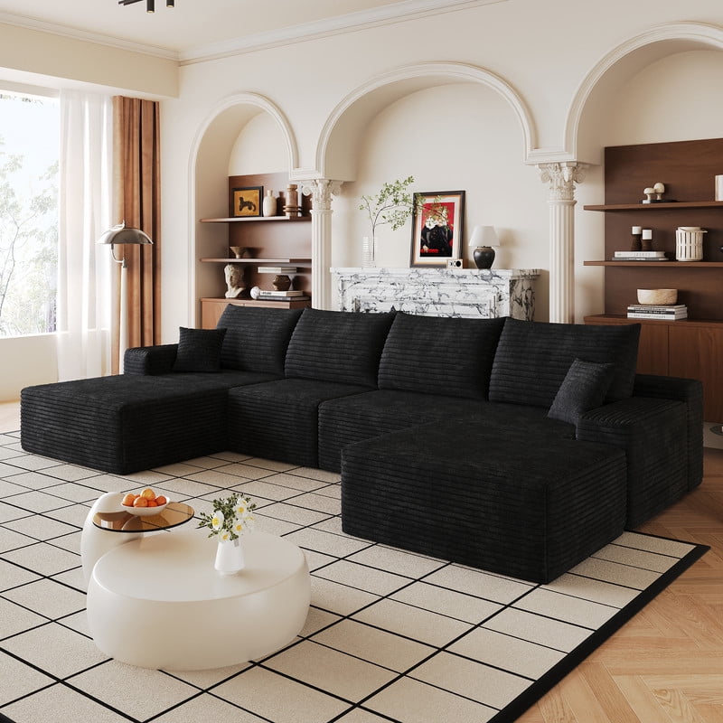 135" Cloud Sectional Sofa with Ottoman, U-Shaped Modular Sofa Couch with Chaise, Modern Minimalist Deep Seat Upholstered Sectional for Living Room, Plush Corduroy Fabric Corner Sofa