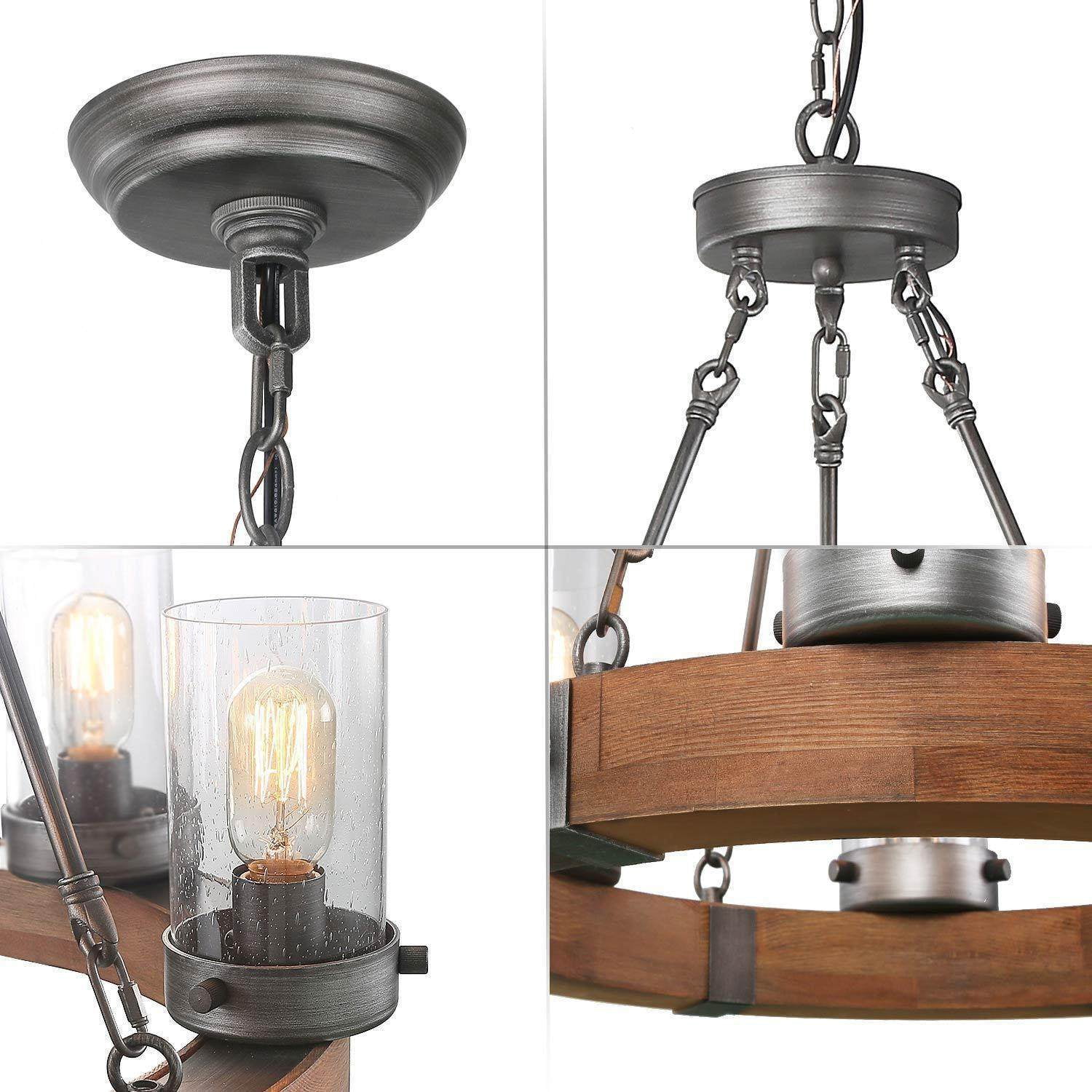 LNC 6-Light Distressed Wood and Gray Wagon Wheel Chandelier with Seeded Glass