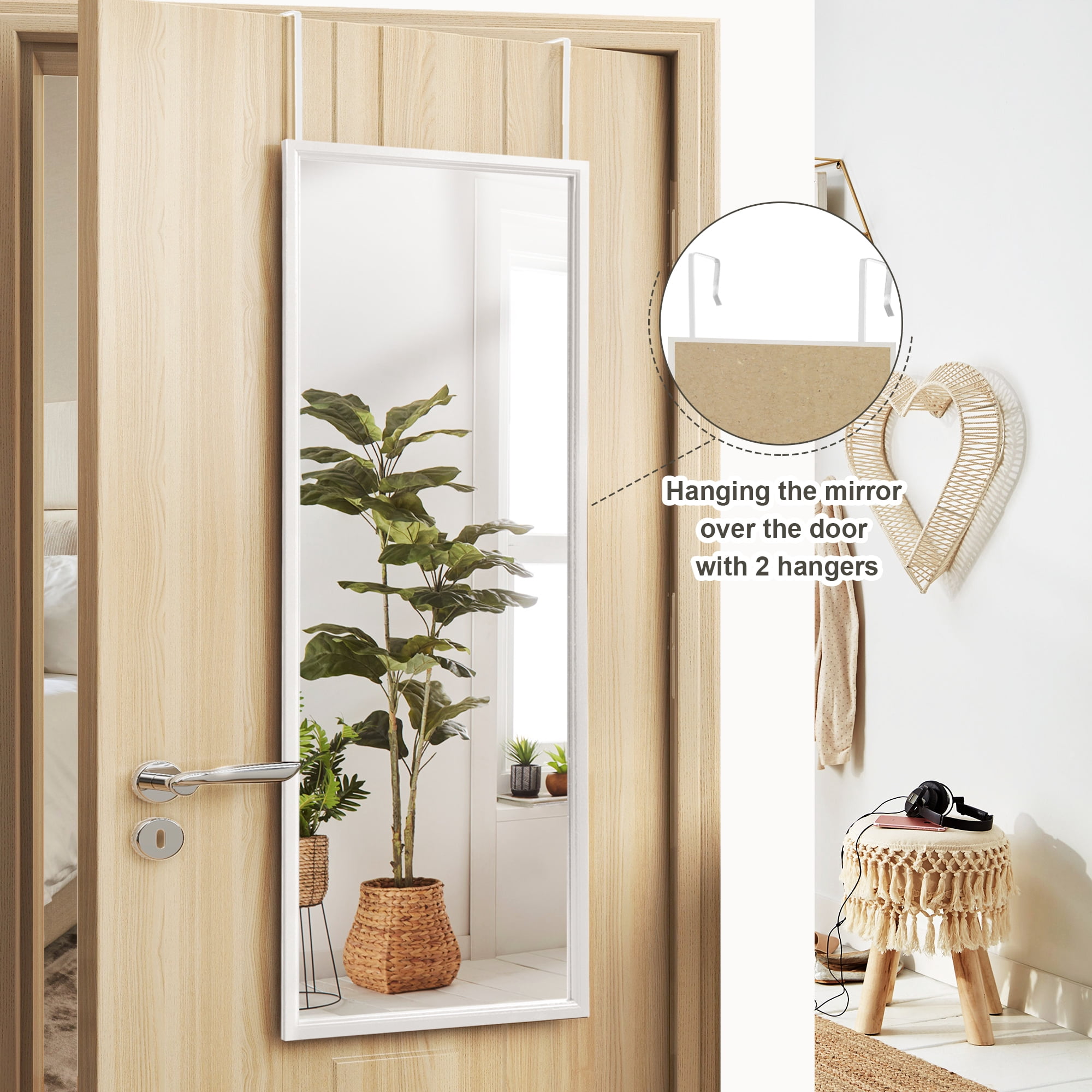 Over The Door Mirror Full Length, 51"x18" Door Mirror Full Length with Wood Frame, Full Length Mirror Over The Door with 2 Hangers Removeble, Hanging Mirror for Door or Wall Mounted Mirror