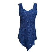 Mogul Women's Blue Tank Top Sequin Embroidered Rayon Summer Boho Blouse