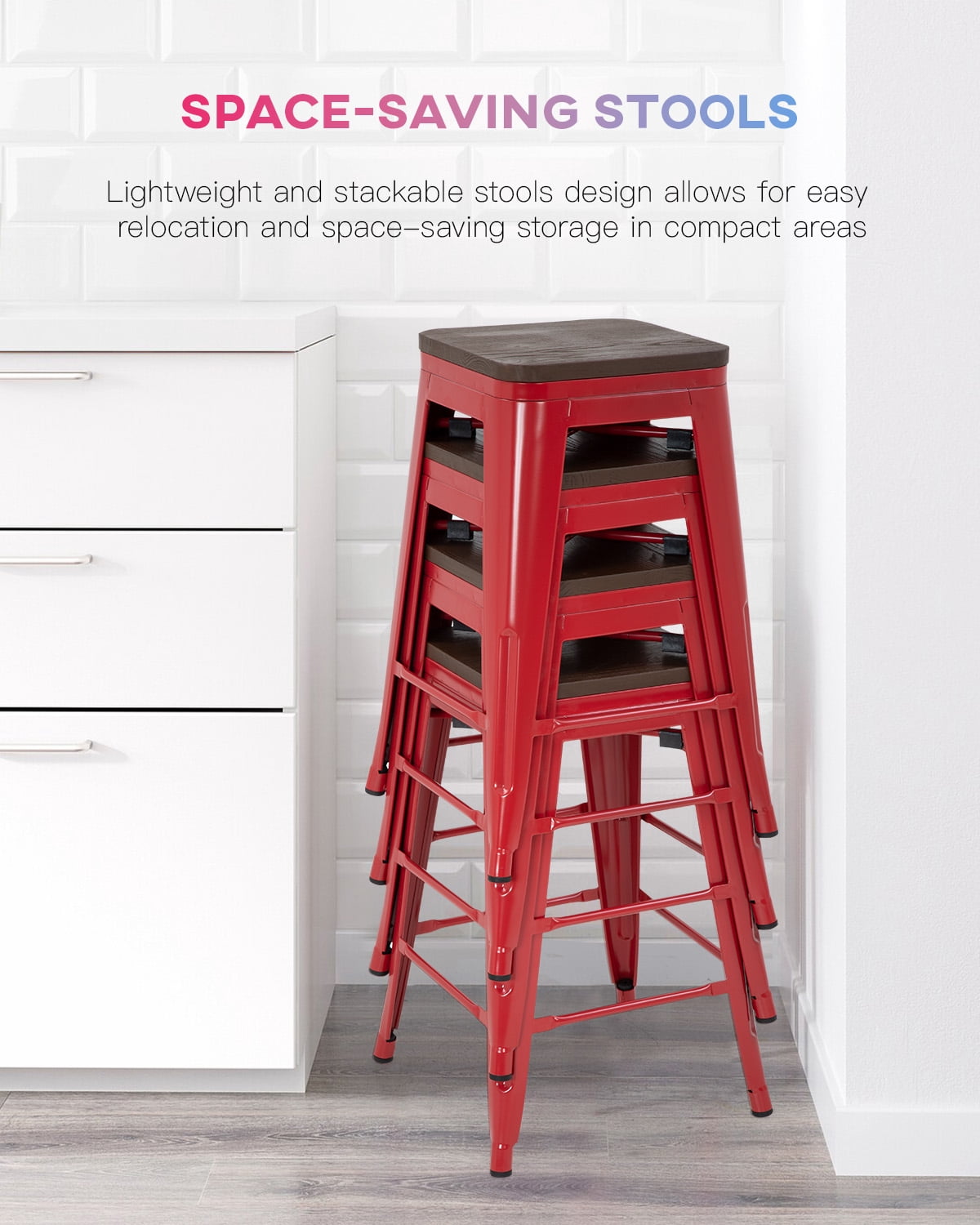 YRLLENSDAN Modern Bar Stool Set of 4 Counter Height Barstool with Back 24 Inches Seat Height Industrial Bar Chairs Indoor Outdoor Metal Kitchen Stools Restaurant Patio Stool Stackable, Red
