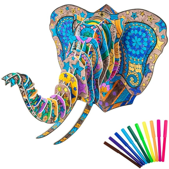 Hautton 3D Coloring Puzzle, Creative DIY Painting Puzzle Set Toy with 10 Coloring Pens, Fun Arts Crafts Gift for Kids Age 3 4 5 6 7 8 9 10 11 12 -Elephant
