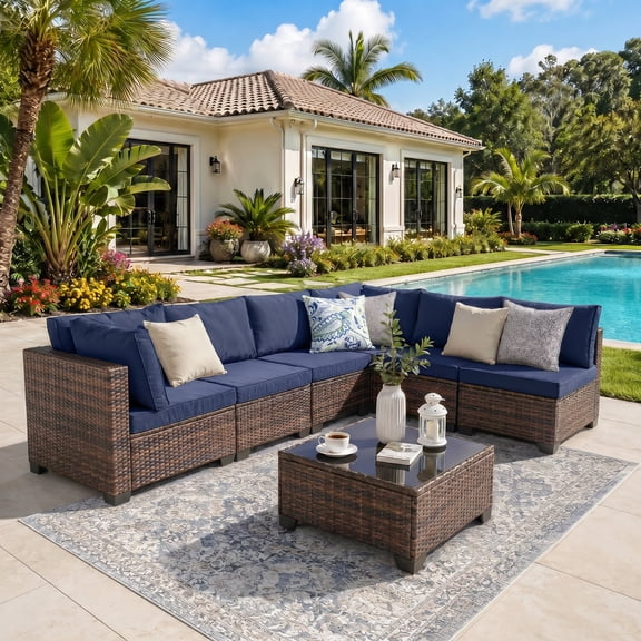 FHFO 7 Pieces Patio Furniture Set,Wicker Outdoor Conversation Set,Rattan Sectional Sofa Set w/Washable Cushions & Glass Coffee Table for Porch Poolside Backyard-Brown/Blue