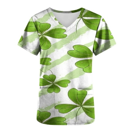 

Womens St Patricks Day Scrub Tops Stretchy Cute Gnomes Print Medical Workwear Shirts Fashion V Neck Short Sleeve Scrubs