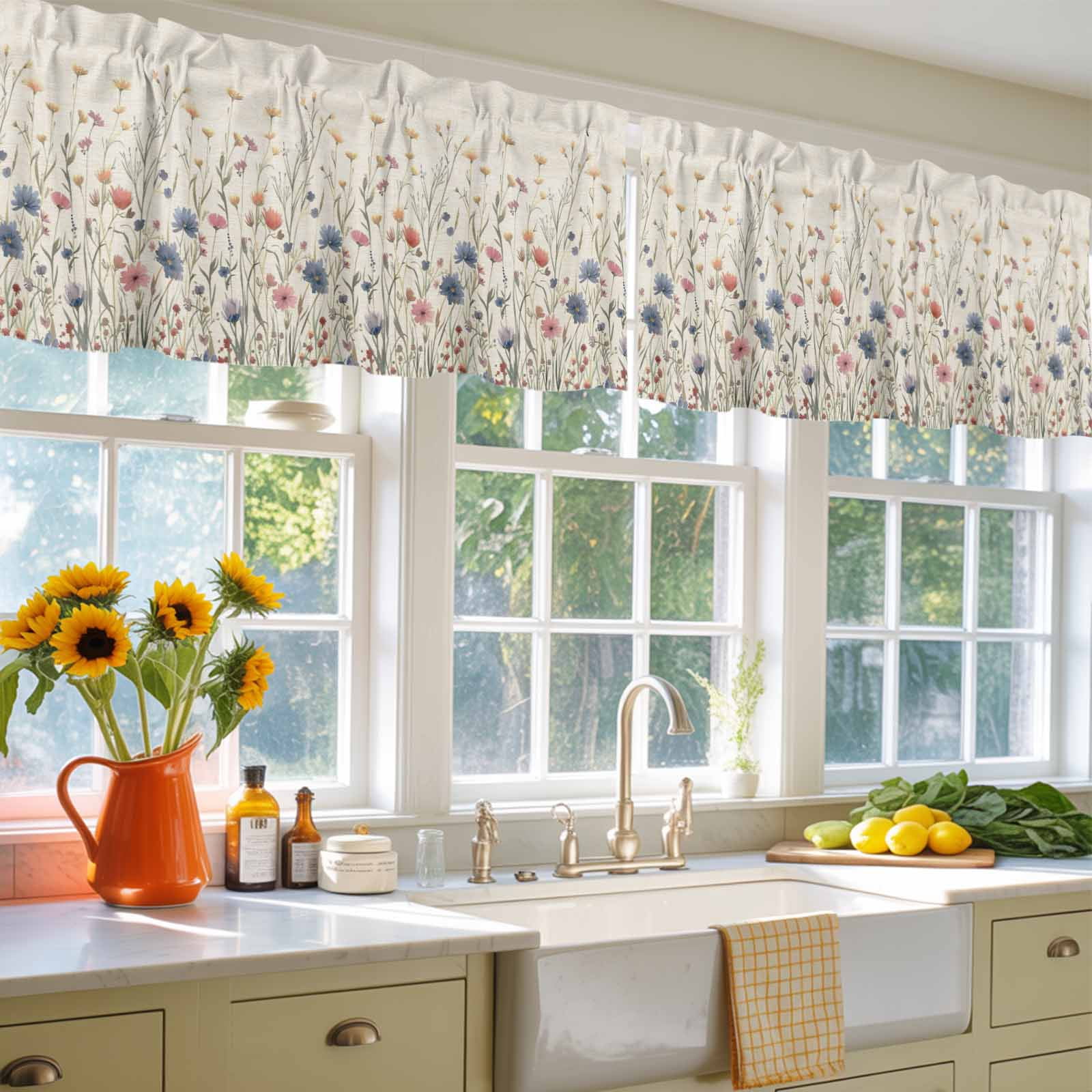 2 Pack Floral Valance for Window Watercolor Leaves Colorful Daisy Linen Background Kitchen Valance Rod Pocket Short Curtain Topper Decorative Window Treatment for Living Room Bedroom 54"x18"