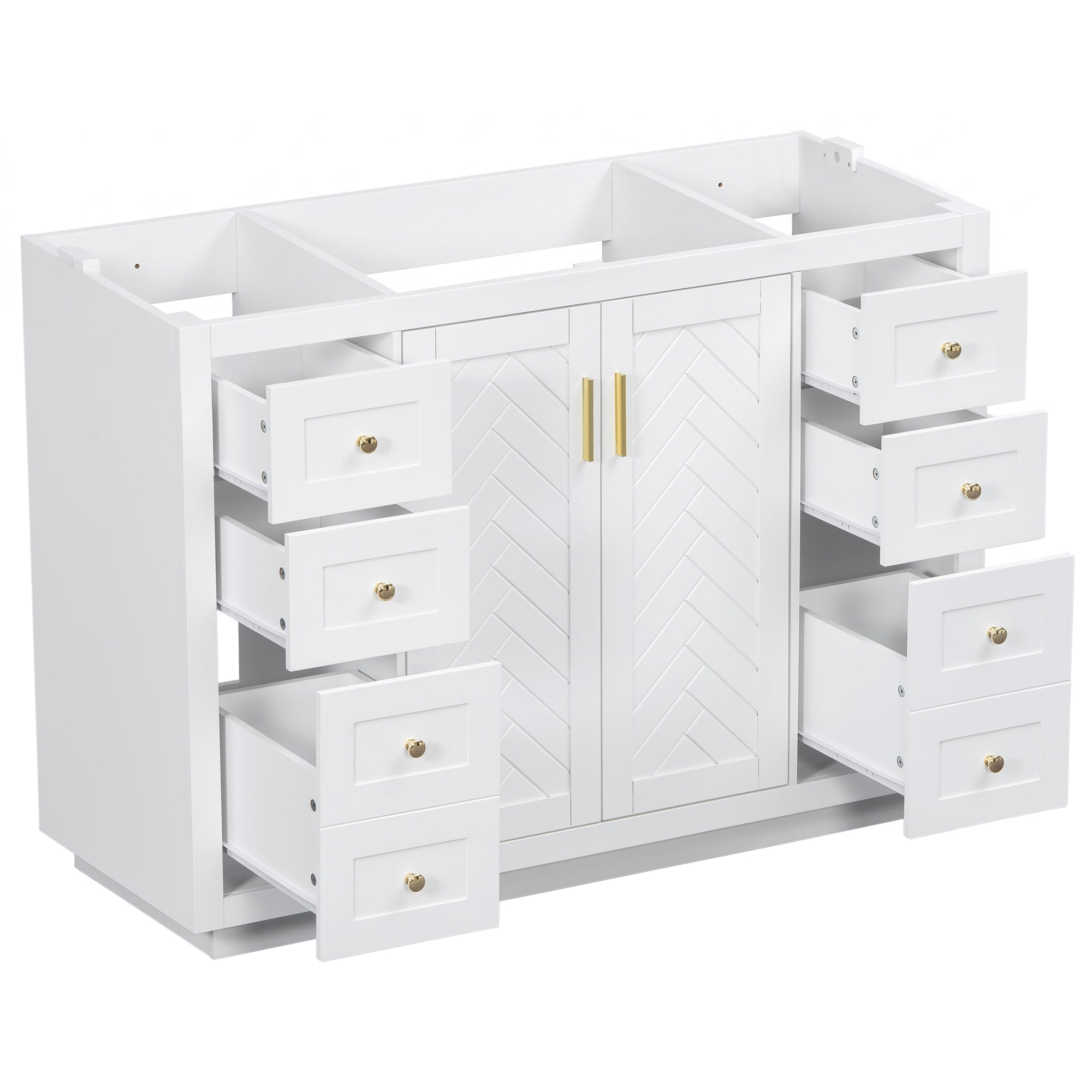 48" Classic Bathroom Vanity Cabinet, Freestanding MDF Vanity Base with 6 Drawers and 2 Soft-close Doors, White Storage Cabinet with Gold Handles, Cabinet Only Without Sink