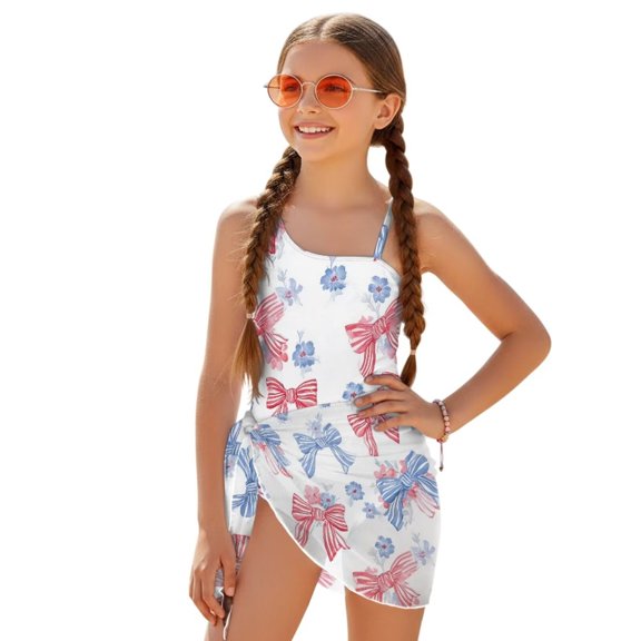 SEANATIVE One Piece Swimsuit for Girls Cut Out Design Bathing Suit 2 Pieces Swim Suit Including Swimwear and Sarong Coverup for Beach Seaside, 7-8 Years, Bow Flower Red Blue White