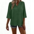 thumbnail image 4 of Womens 3/4 Sleeve V-Neck Blouse Cotton Linen Blend Relaxed Fit Casual Summer Tunic Tops Green,Size L, 4 of 5