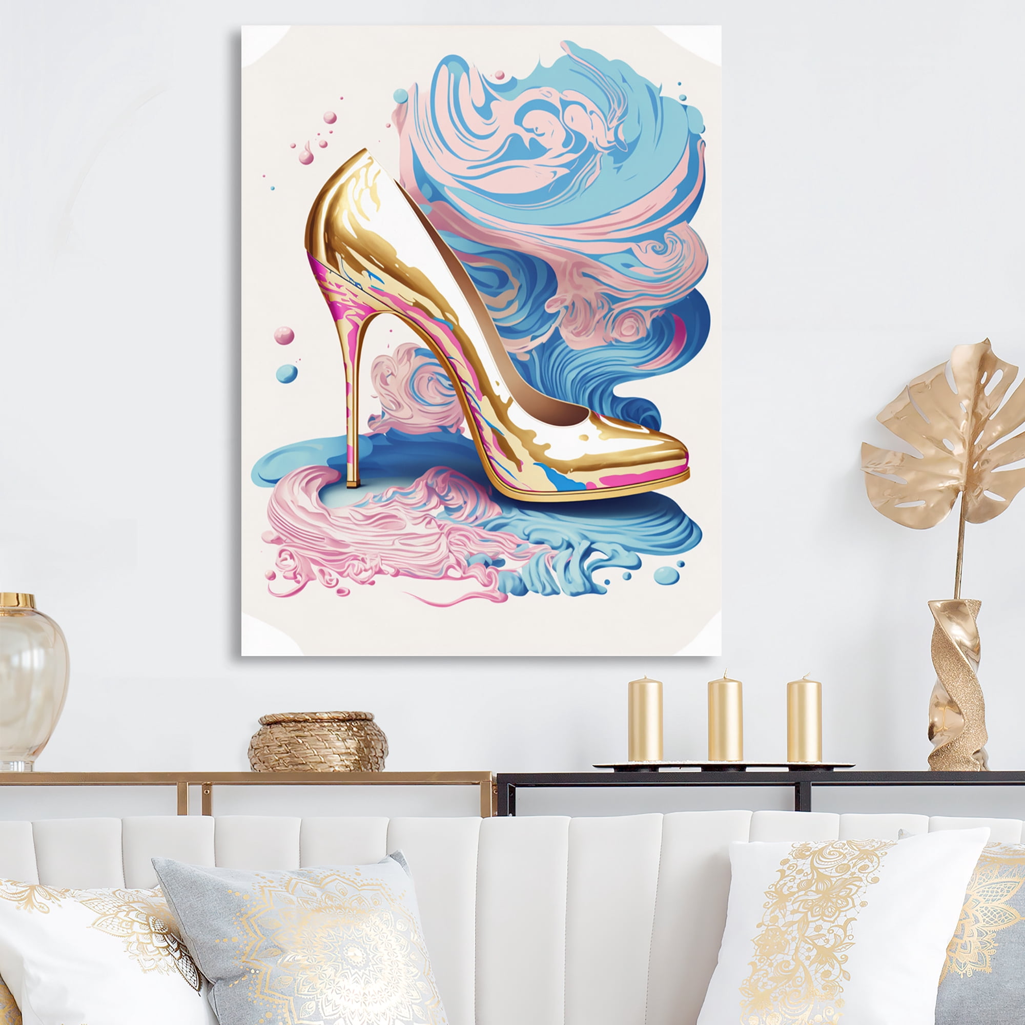 Designart Pink And Blue Art Deco High Heel Shoes V Canvas Wall Art