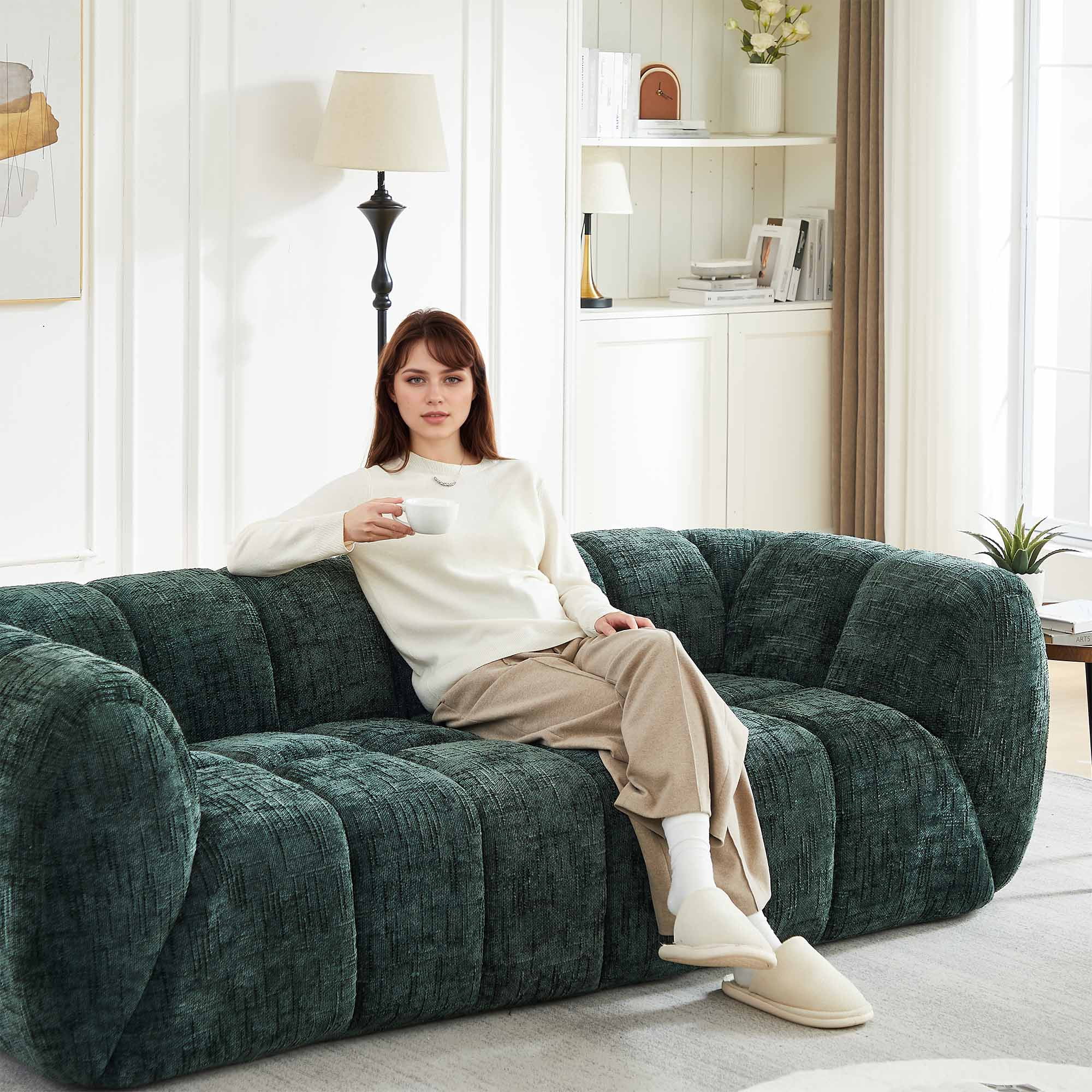 Lunale 3-Seater Boneless Sofa, No Assembly Required, Modern Cloud Couch for Living Room, Apartment, Green Chenille