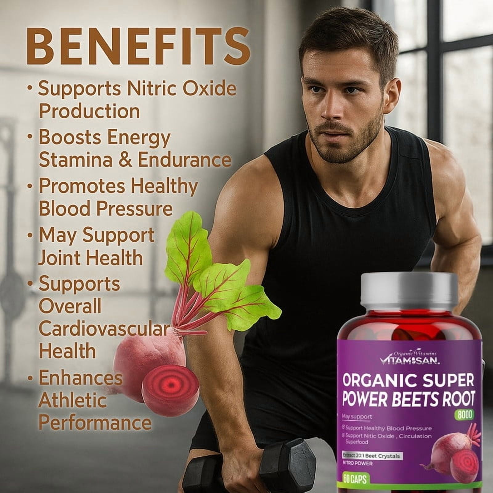 2 Pack Vitamisan Organic Beets Root | Nitric Oxide + CoQ10 | 120 Caps | Heart Health
